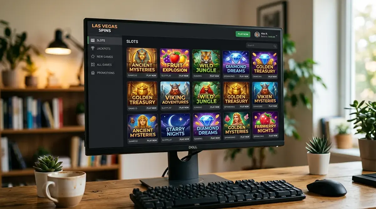 Desktop-Monitor zeigt Slot-Auswahl mit MERKUR-Titeln und Provider-Logos