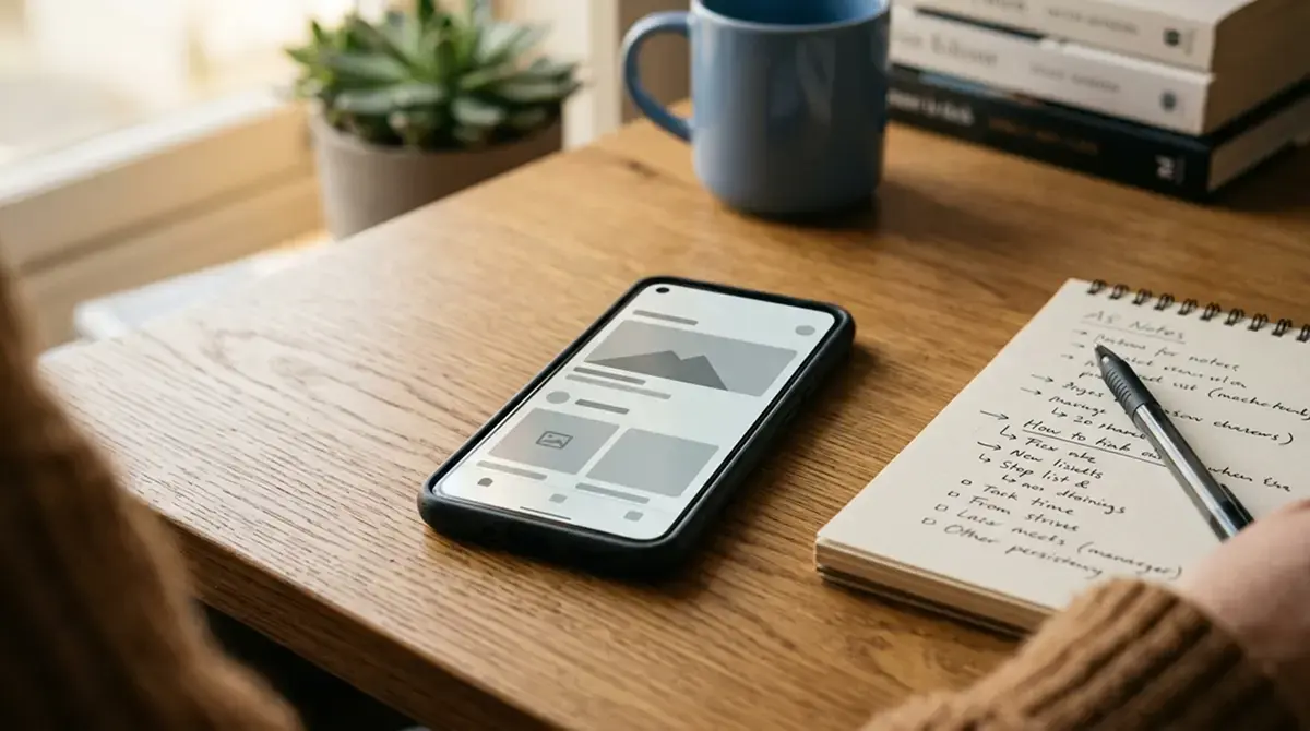 Smartphone mit geöffneter Wallet-Anwendung neben einem Notizblock