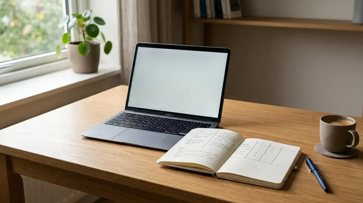 Schreibtisch mit Laptop und Notizen zum Vergleich von Solana Casinos
