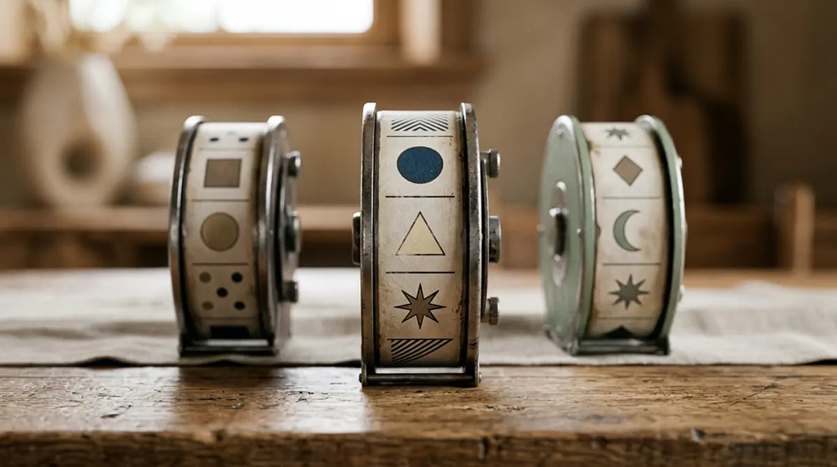 Drei abstrakte Spielautomat-Räder auf einem Tisch, jeweils mit unterschiedlichen Symbolmustern — ohne erkennbares Branding, keine Logos, keine Texte