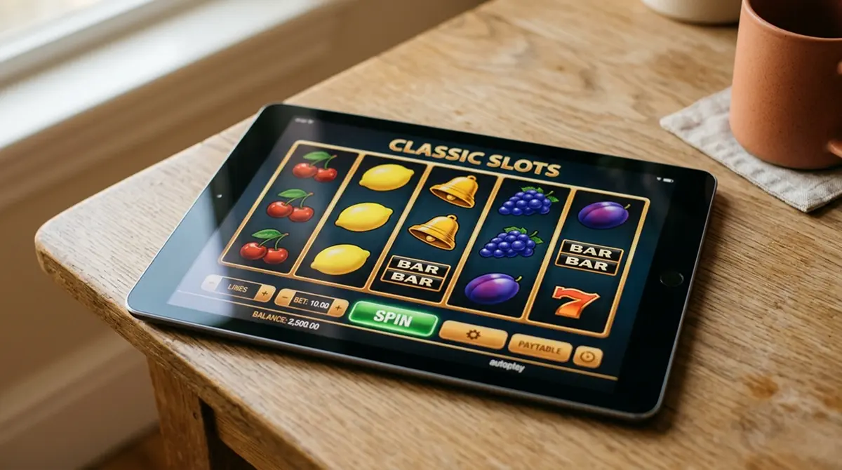 Auswahl klassischer Slot-Titel auf neutralem Tablet-Display ohne Branding