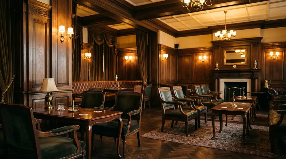 Elegantes Interior eines traditionellen Spielbank-Salons mit gedämpftem Licht ohne Personen und ohne echte Roulette-Räder