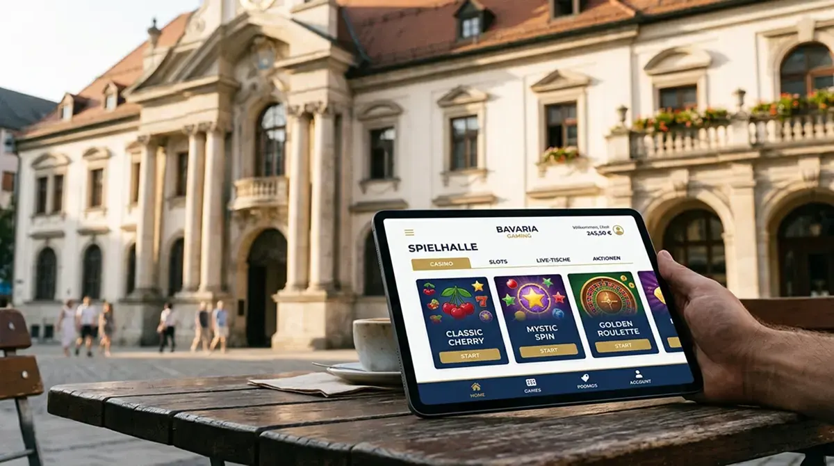 Traditionelles bayerisches Spielbank-Gebäude mit modernem Online-Interface im Vordergrund