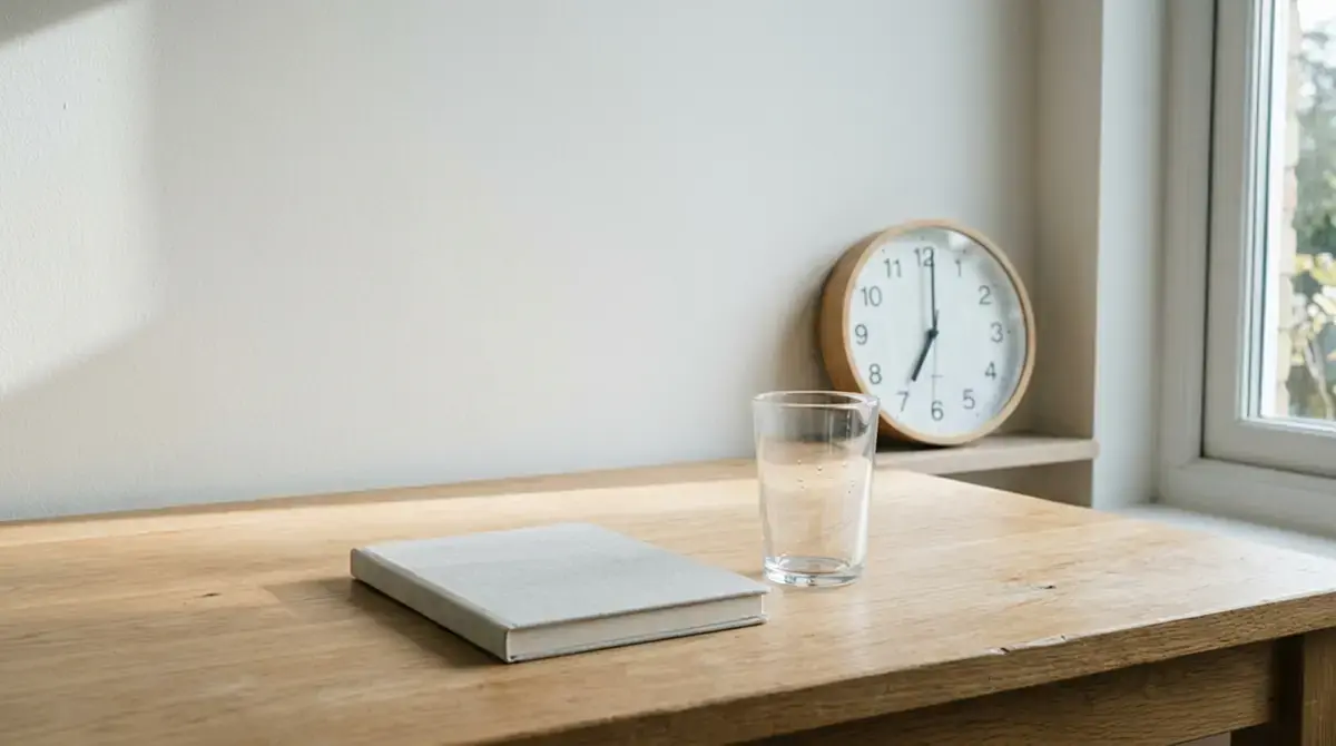 Ruhiger Arbeitsplatz mit Notizbuch und einer Uhr als Sinnbild für Spielpausen