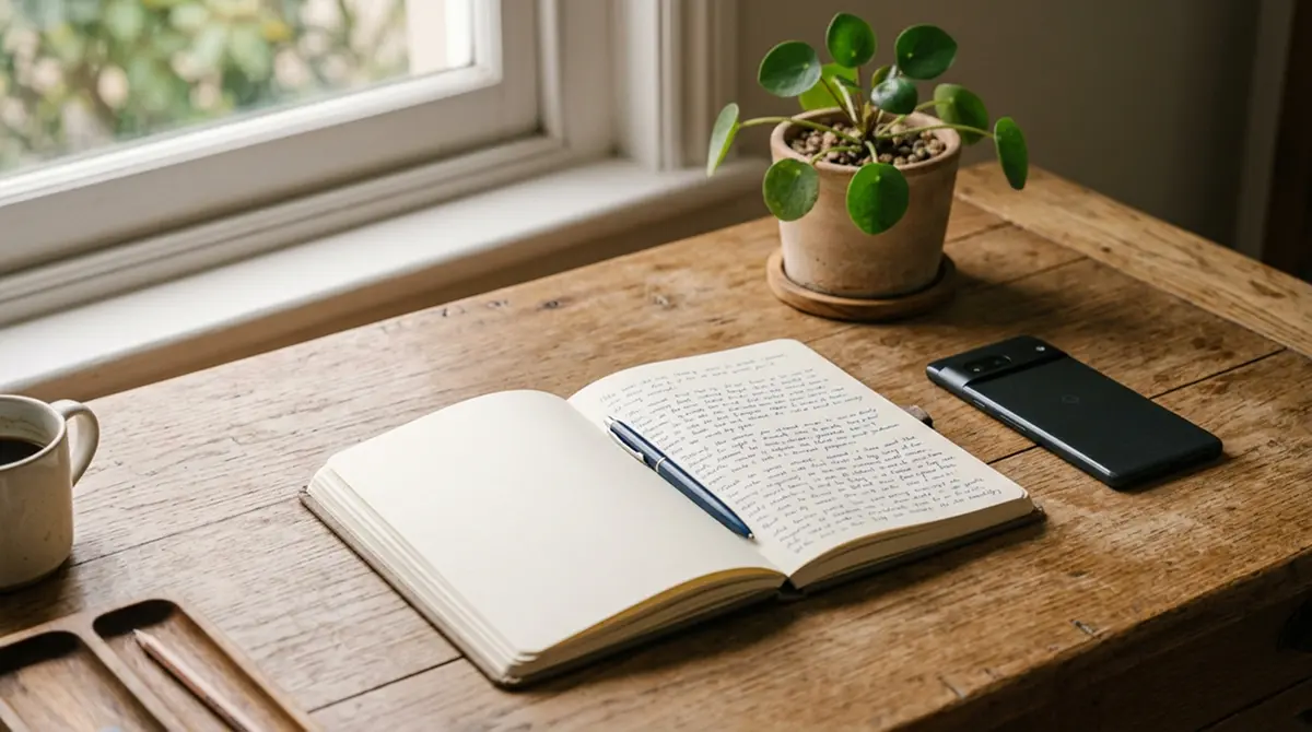 Ruhiger Schreibtisch mit Notizbuch und Smartphone als Sinnbild für bewusstes Spielen