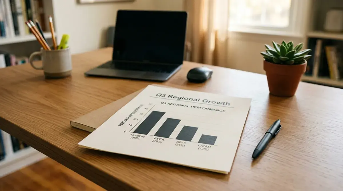 Tidy desk with a printed chart showing percentage values, pen in hand, no calculator, calm editorial style