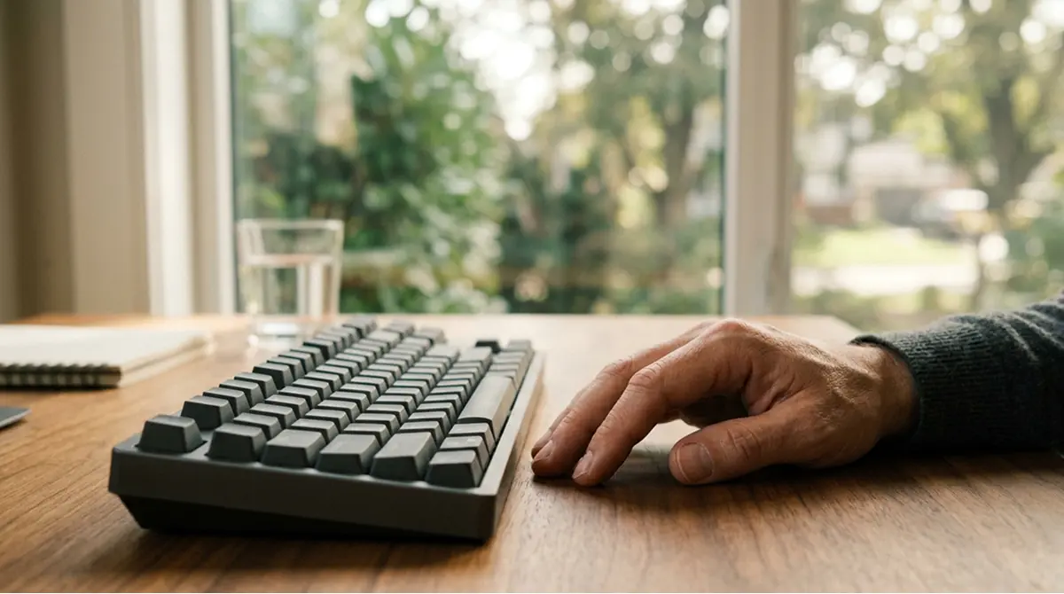 Hand ruht neben einer Tastatur, Blick aus einem Fenster im Hintergrund
