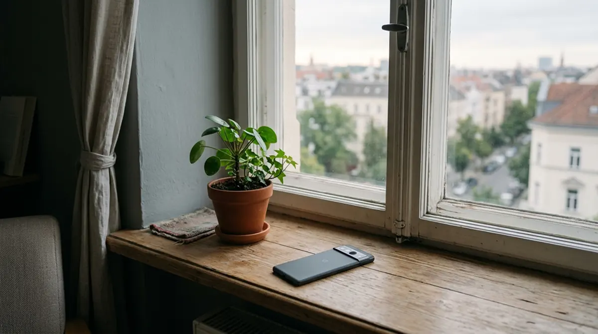 Ruhiges Fenster mit Morgenlicht und einem beiseitegelegten Smartphone auf der Fensterbank