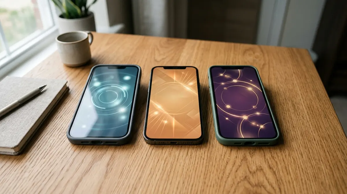 Drei nebeneinander aufgestellte Smartphones mit unterschiedlichen neutralen Casino-Interfaces ohne Marken-Logos