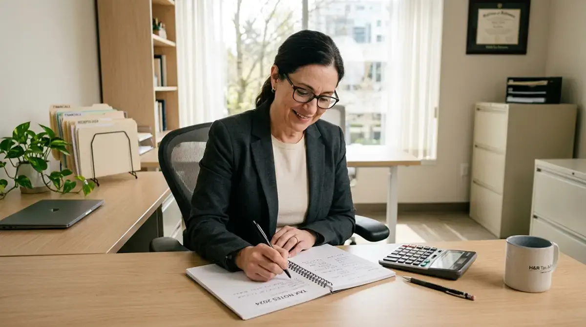Person am Schreibtisch mit Notizbuch und Stift, Taschenrechner daneben, ruhige Büroatmosphäre ohne Hektik