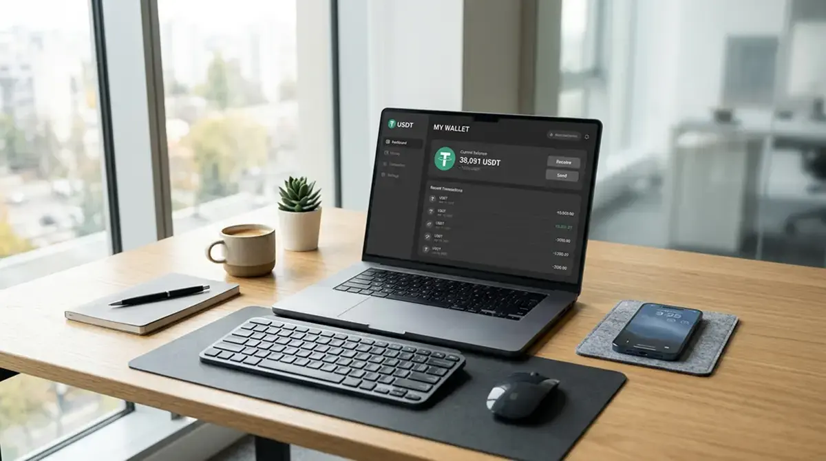 Realistischer Schreibtisch mit Laptop und sichtbarer USDT-Wallet-Oberfläche, neutrale Büroumgebung