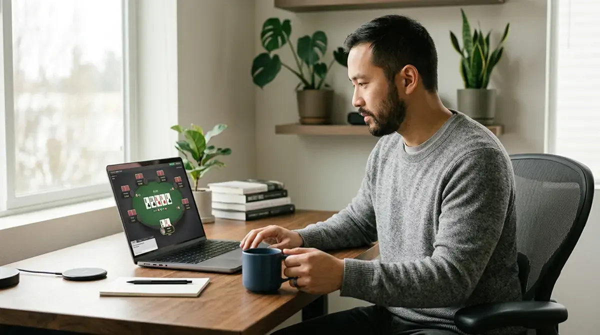 Online-Poker-Spieler am Laptop mit Texas Hold'em Tisch und Chips