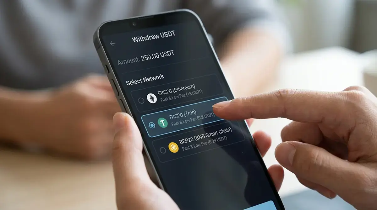 Smartphone mit geöffneter Wallet-App, drei Netzwerk-Optionen sichtbar, Finger zeigt auf TRC20-Auswahl