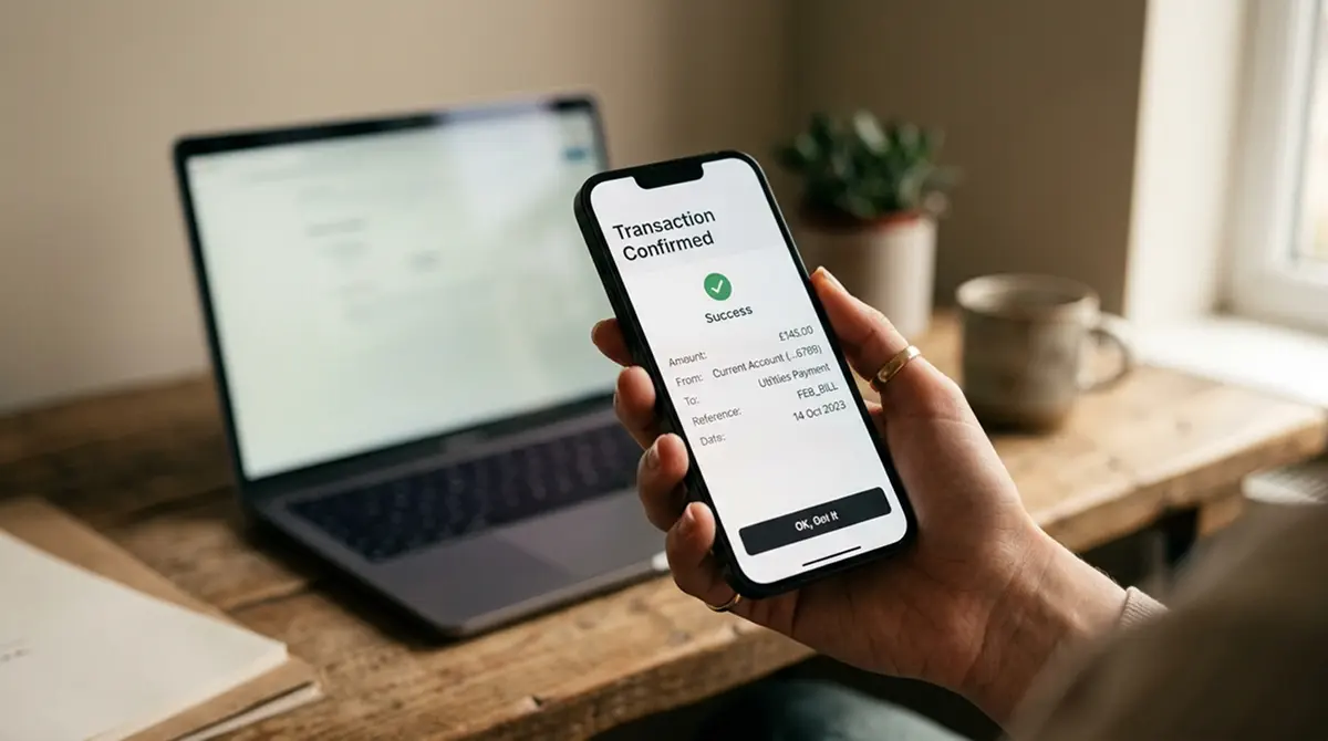 Hand hält Smartphone mit Banking-App zur Bestätigung einer Casino-Einzahlung