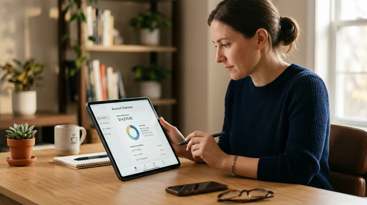 Person am aufgeräumten Schreibtisch mit Tablet, auf dem ein neutrales Banking-Interface zu sehen ist