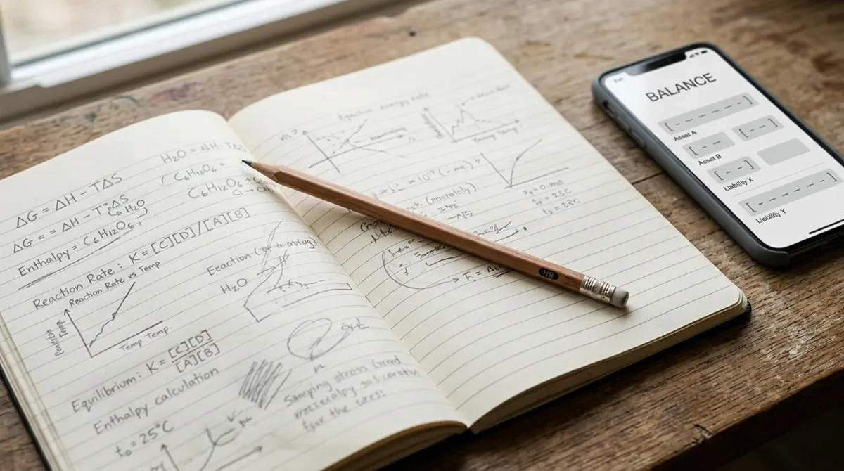 Bleistift über einem linierten Notizbuch mit handschriftlichen Berechnungen, daneben ein Smartphone-Anzeige mit neutraler Casino-Guthaben-Oberfläche, kein Spielautomat, kein Geld-Schein, keine Logos