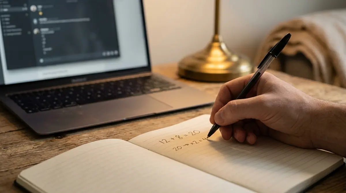 Notizblock mit handschriftlicher Beispielrechnung zu Umsatz und Höchstgewinn eines Bonus