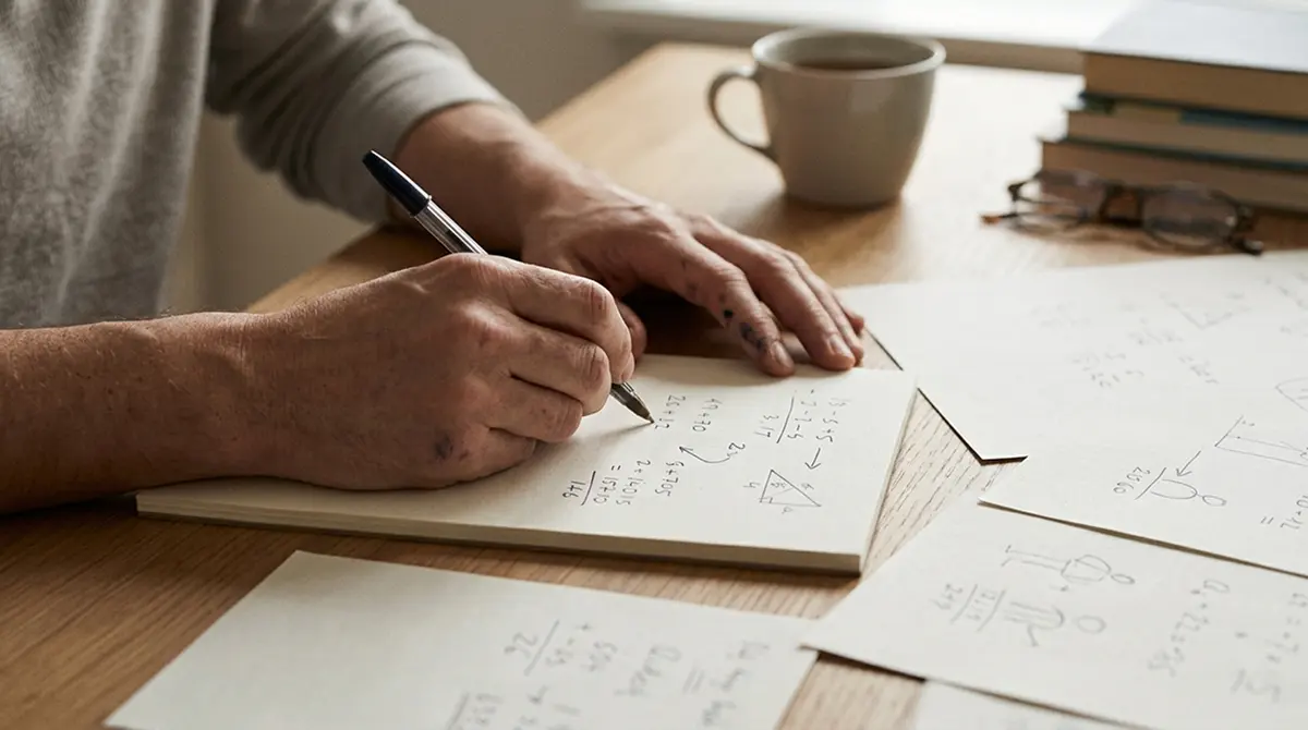 Person rechnet mit Stift und Notizblock an einem ruhigen Schreibtisch nach