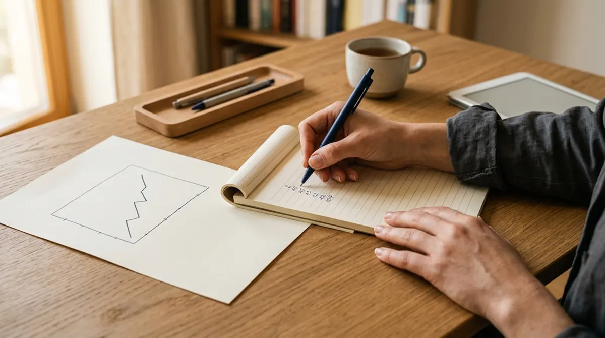 Umsatzbedingungen eines 50-Euro-Bonus mit Stift und Notizblock nachrechnen