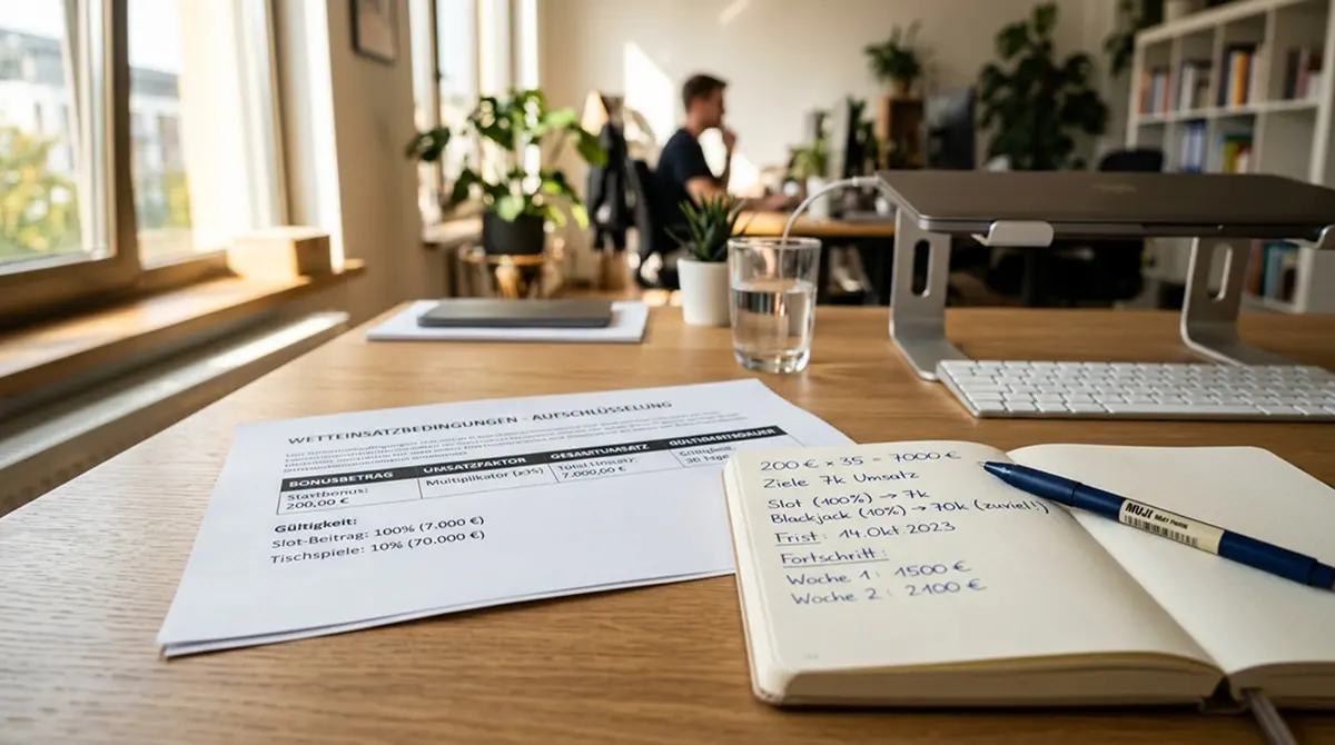 Schreibtisch mit Dokument zu Umsatzbedingungen und Taschenrechner daneben