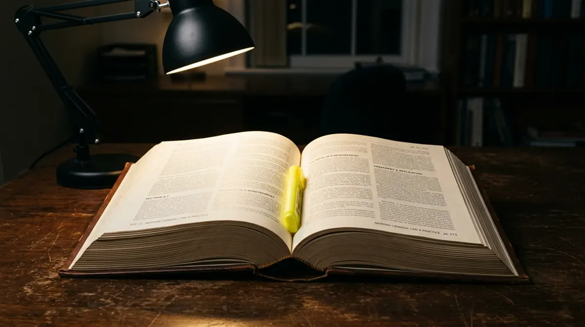 Aufgeschlagener Gesetzeskommentar mit Textmarker neben einer nüchternen Schreibtischlampe