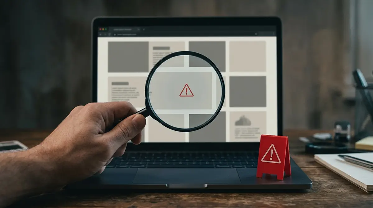 Warnschild und Lupe über einer Casino-Website als Symbol für unseriöse Bonusangebote