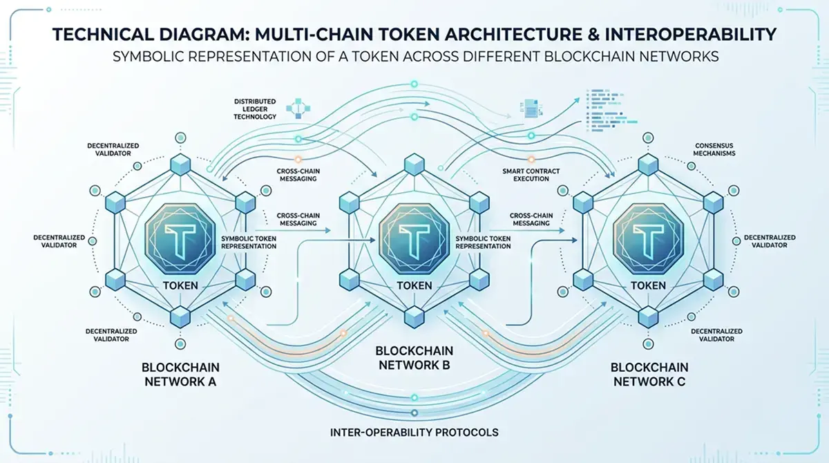 Symbolische Darstellung von USDT-Token auf verschiedenen Blockchain-Netzwerken, technisches Diagramm ohne Logos