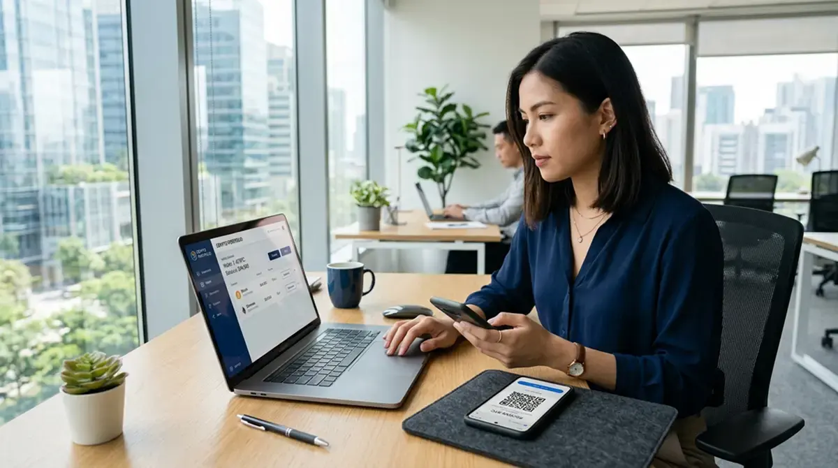 Person am Laptop mit Krypto-Wallet-Interface, Smartphone mit QR-Code daneben, helle Büroumgebung