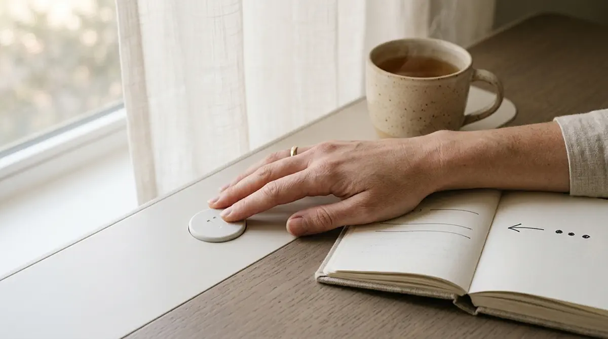 Hand auf einer Auszeit-Taste neben einem Notizbuch mit Limits und Tagesbudget