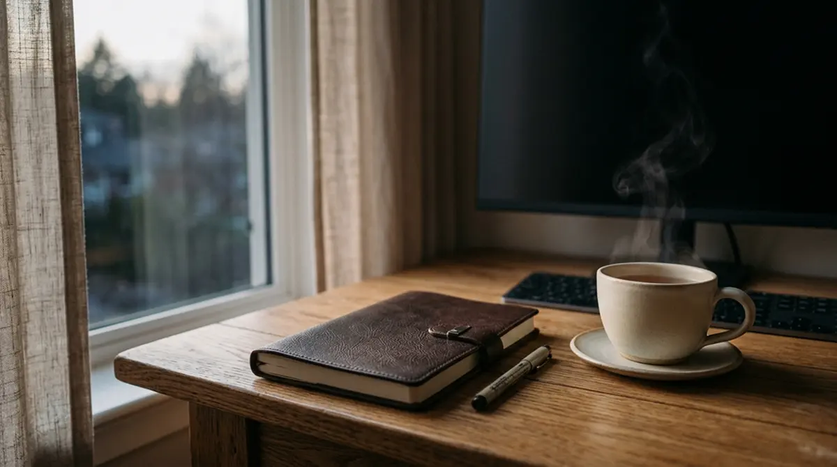 Ruhige Feierabend-Szene mit einem geschlossenen Notizbuch, einer Teetasse und einem ausgeschalteten Bildschirm