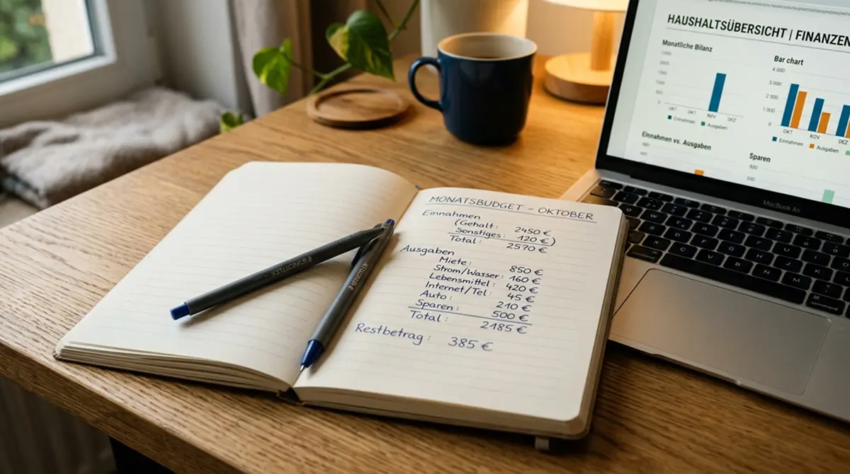 Notizbuch mit handschriftlicher Ausgaben-Übersicht neben Laptop mit OASIS-Hinweistext
