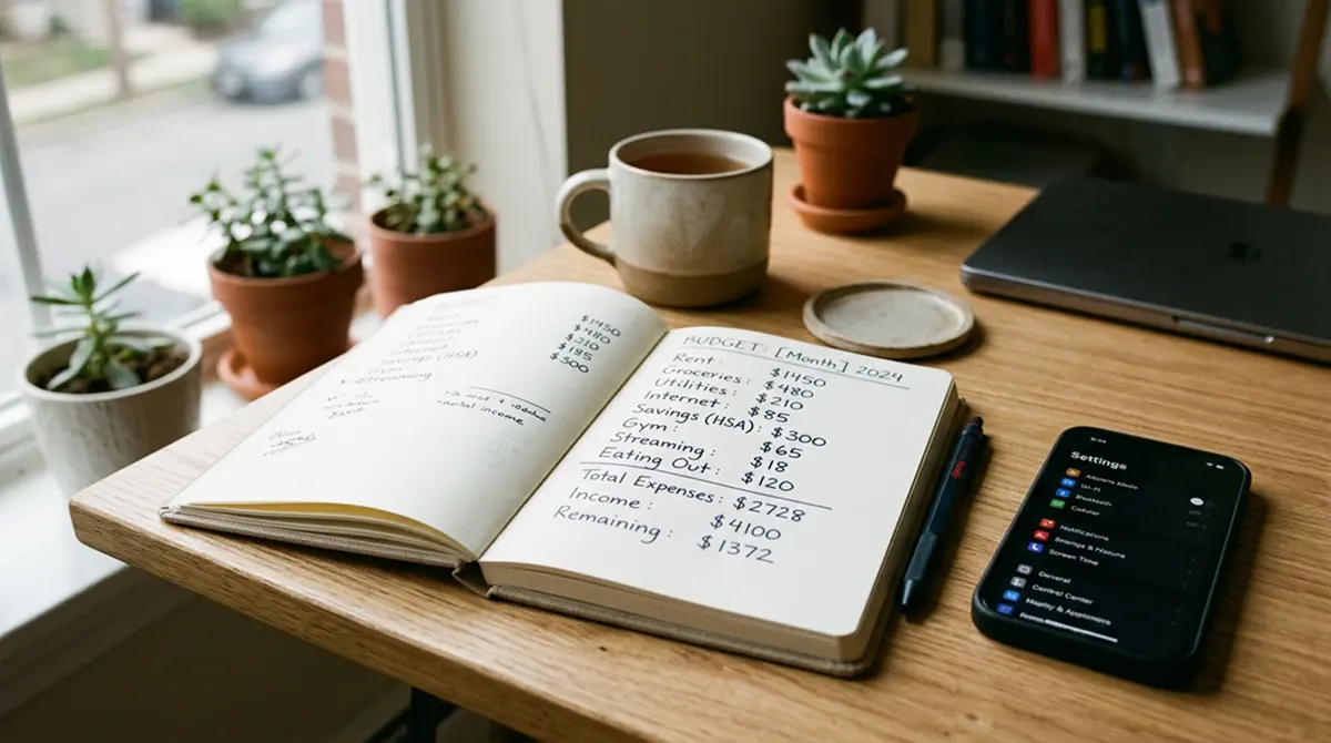 Ruhige Büroatmosphäre mit Schreibtisch, Notizbuch und Smartphone neben einem aufgeschlagenen Dokument