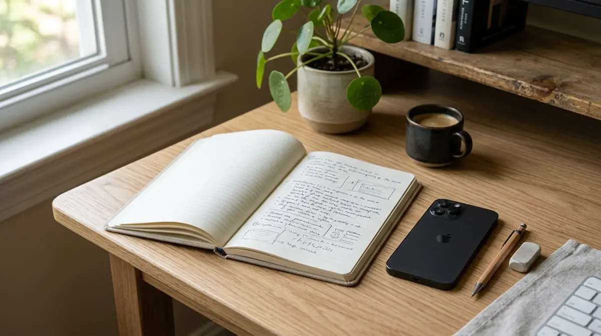 Ruhiger Schreibtisch mit Notizbuch und aufgestelltem Smartphone, seriöse Arbeitsatmosphäre