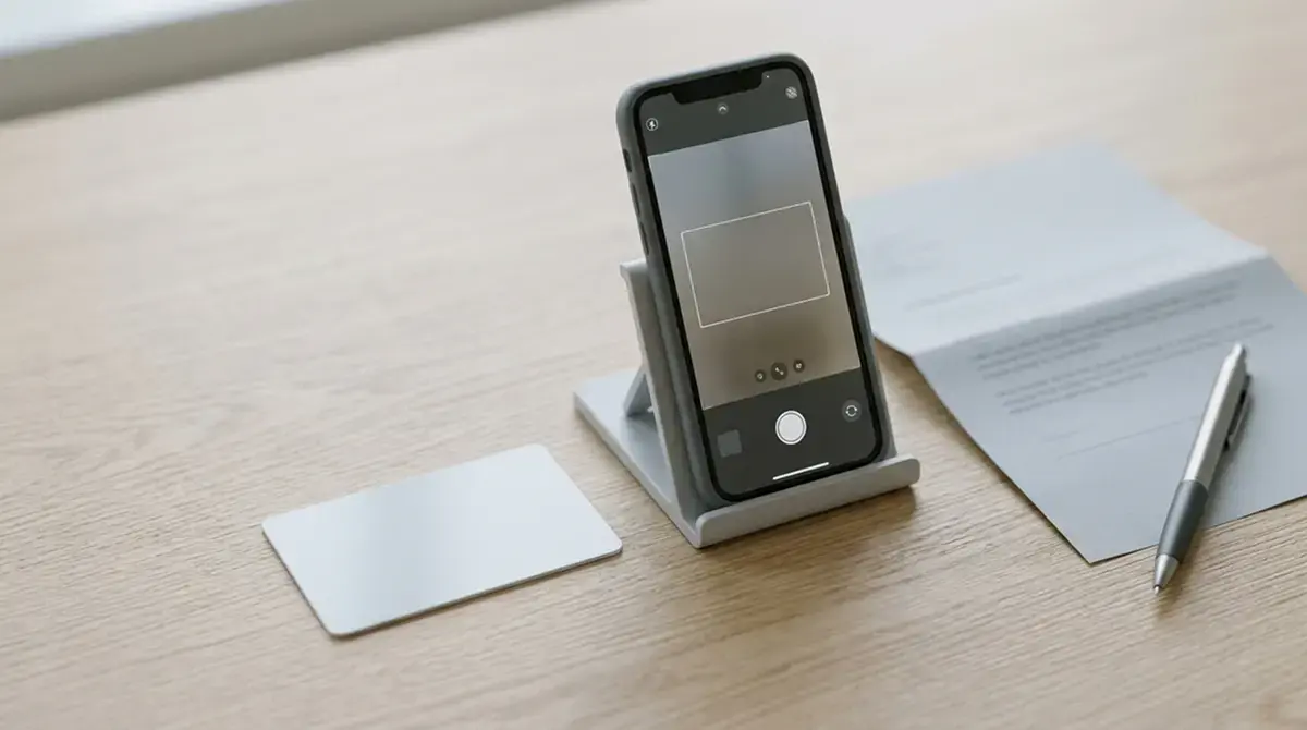Ausweisdokument und Smartphone mit Video-Ident-Anwendung auf einem Schreibtisch