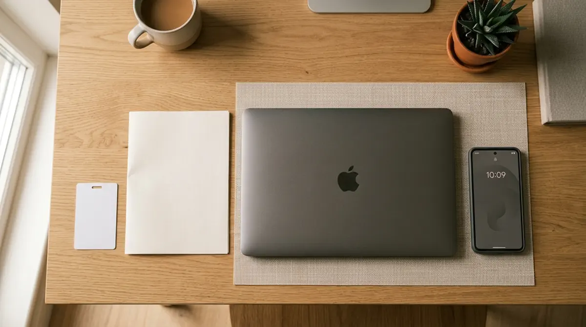 Schreibtisch mit sortierten Ausweisunterlagen und einem Laptop