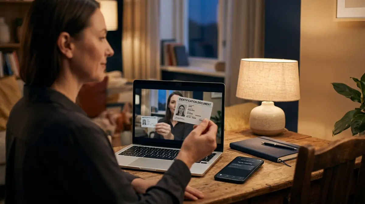 Videoident-Sitzung am Laptop mit geöffneter Bankverbindung und aufgeklapptem Ausweis auf dem Tisch