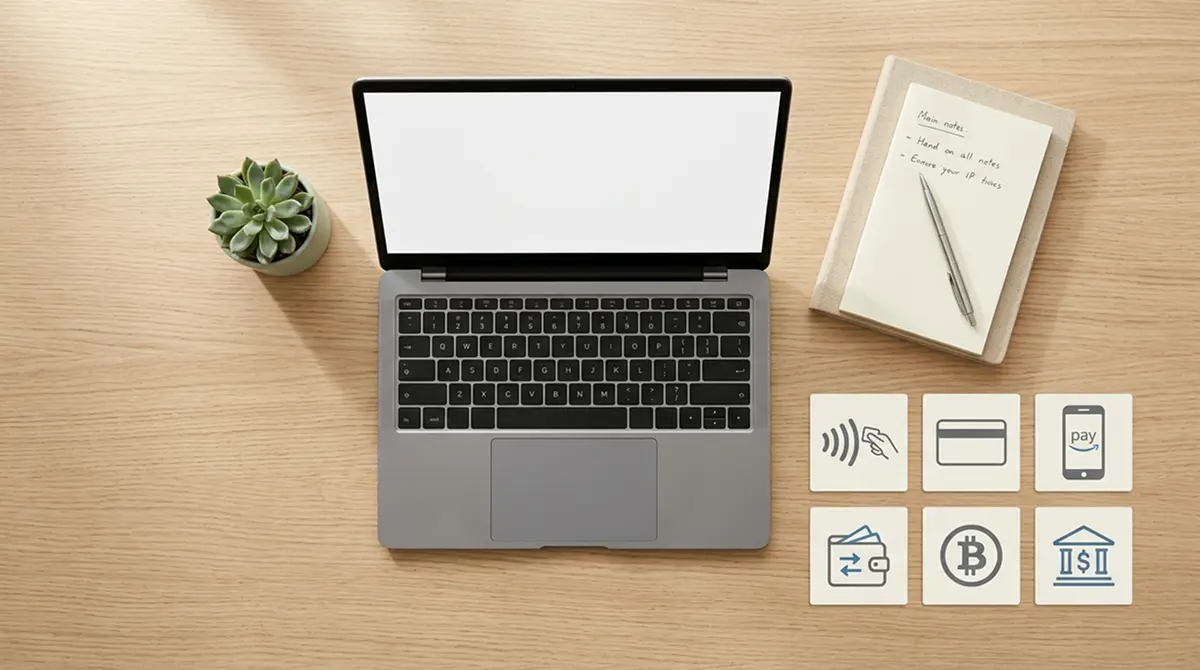 Schreibtisch mit Laptop, Notizblock und mehreren Zahlungssymbolen als Übersicht der Alternativen