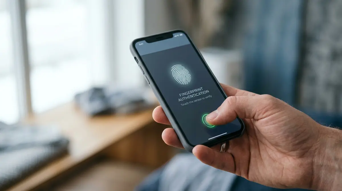 Hand hält ein Smartphone mit Fingerabdruck-Freigabe für eine Konto-zu-Konto-Zahlung