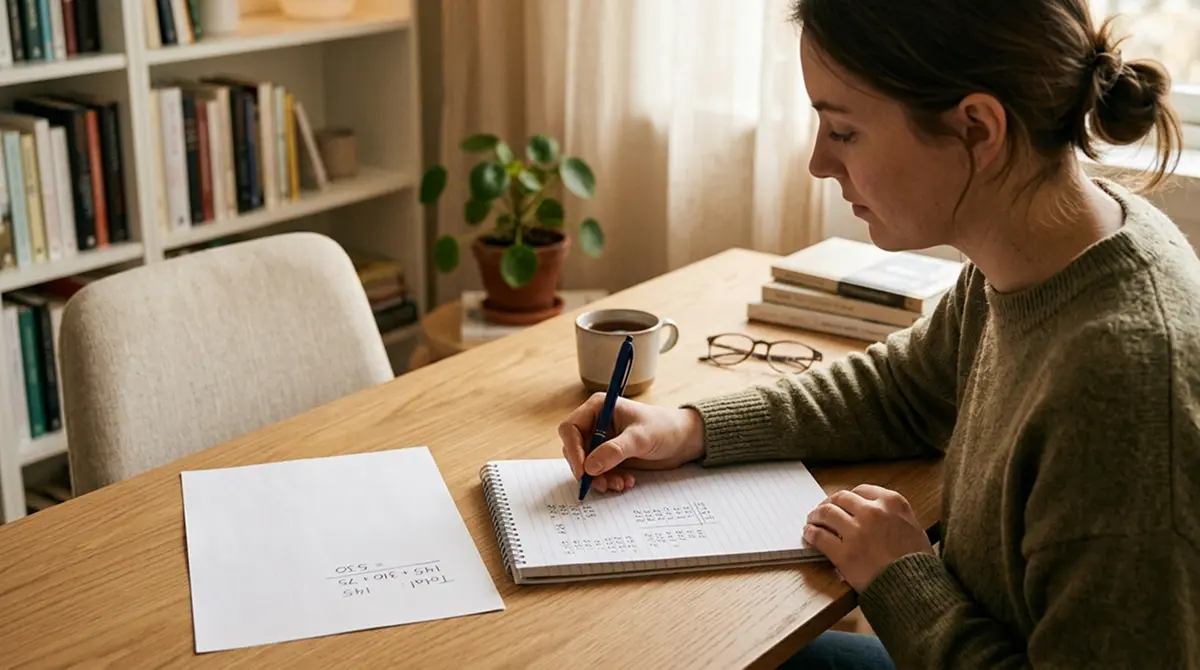 Person rechnet mit Stift und Notizblock den realen Wert von 200 Freispielen aus