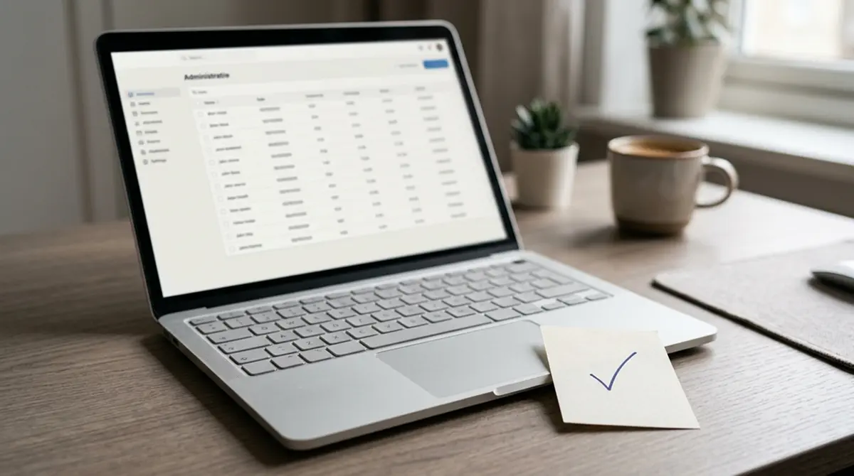 Laptop mit geöffneter amtlicher Anbieterliste und danebenliegender Notiz zur Domainprüfung