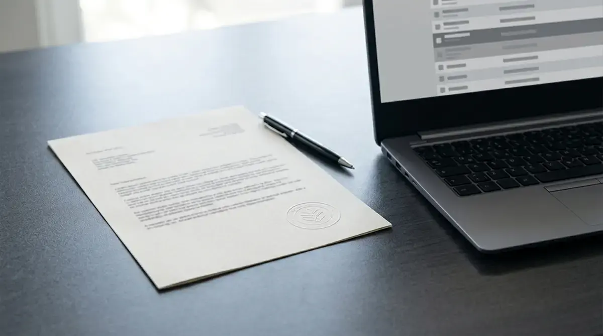 Amtliches Dokument mit Stempel neben einem Laptop mit neutraler Anbieterliste