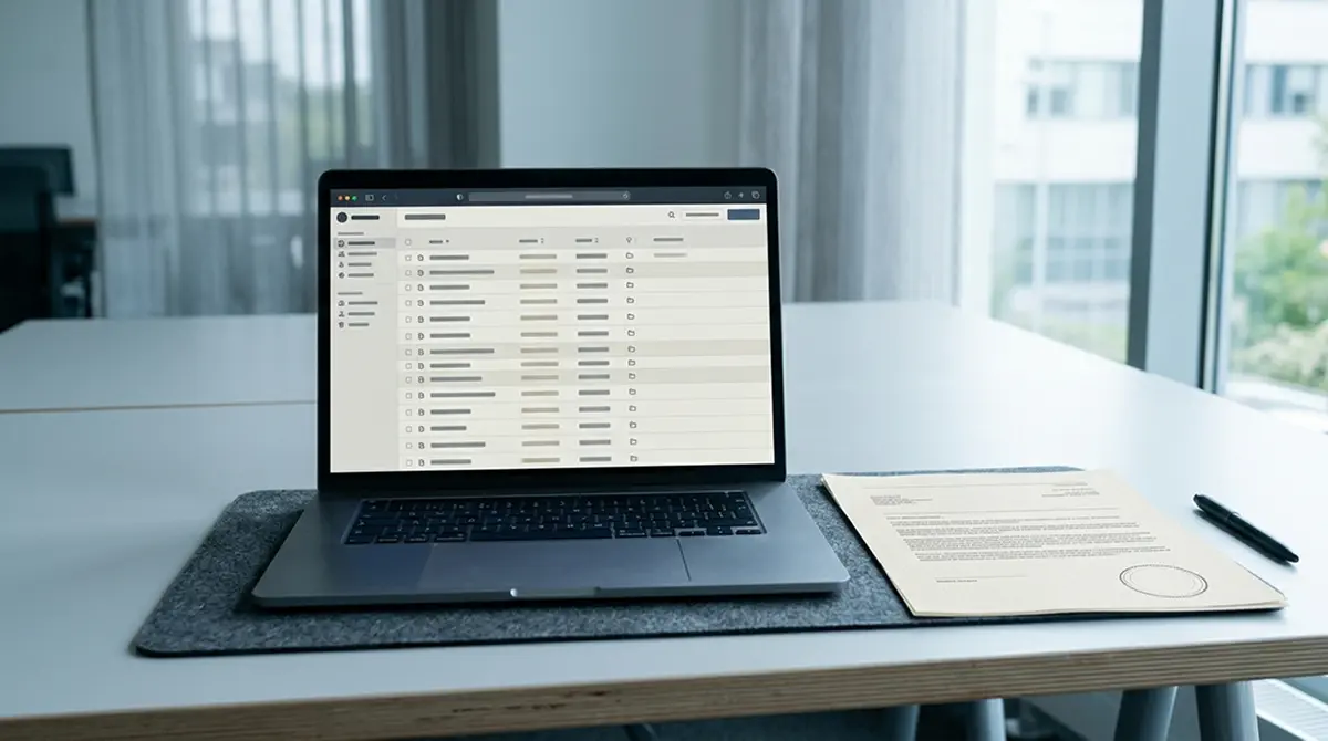 Laptop mit neutraler Registerübersicht neben einem amtlichen Dokument
