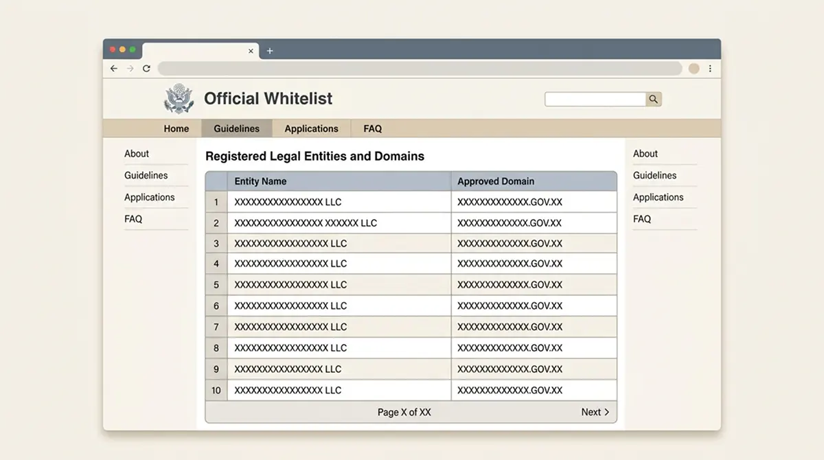 Ausschnitt einer offiziellen Whitelist-Webseite mit Rechtsträger-Einträgen und Domainnamen