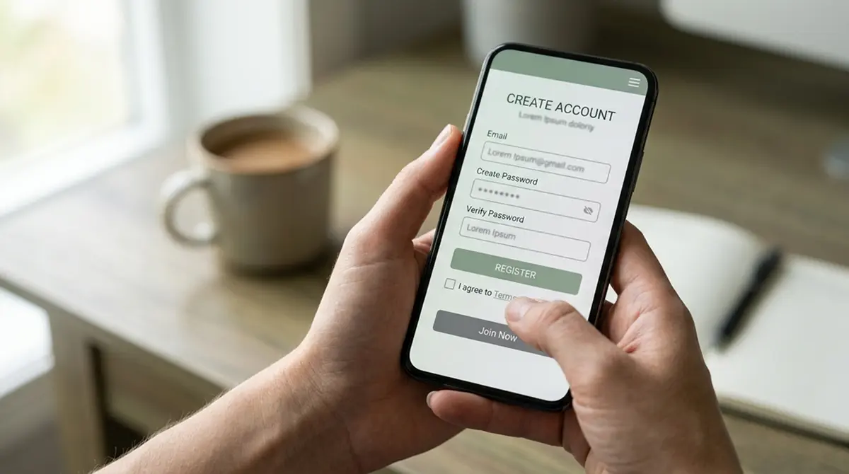 Smartphone mit neutraler Casino-Anmeldemaske für einen Willkommensbonus ohne Einzahlung