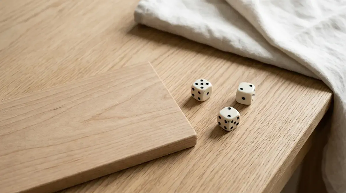 Drei Würfel neben einem schlichten Spielbrett auf hellem Holztisch