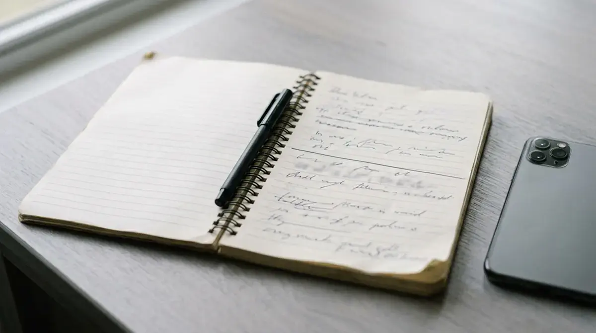 Notizbuch mit handschriftlich gesetzten Spielbudget-Grenzen neben einem Telefon