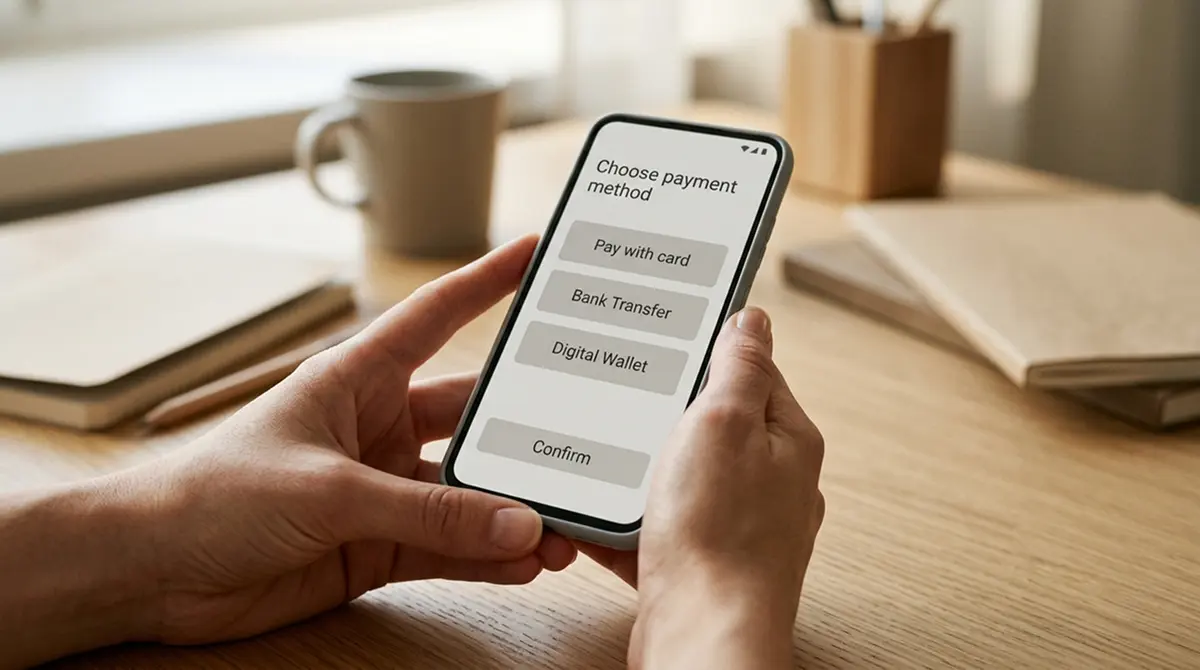 Smartphone mit neutraler Auswahl verschiedener Zahlungsmethoden