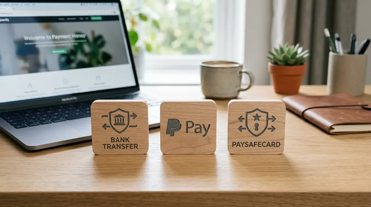 Zahlungsmethoden-Symbole auf Banküberweisung, PayPal, Paysafecard ohne Markennamen