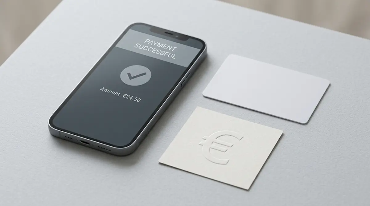 Smartphone mit neutraler Zahlungsoberfläche neben einer Prepaid-Karte ohne Aufdruck