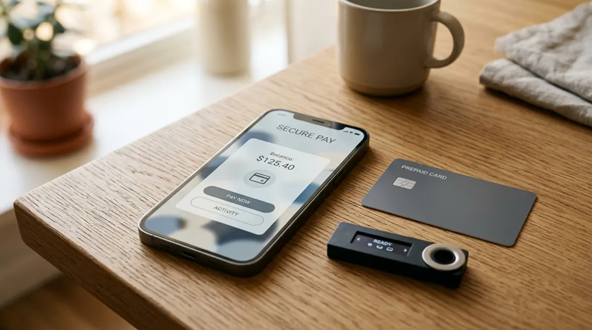 Smartphone mit neutraler Bezahl-App neben einer Prepaid-Karte auf dem Tisch